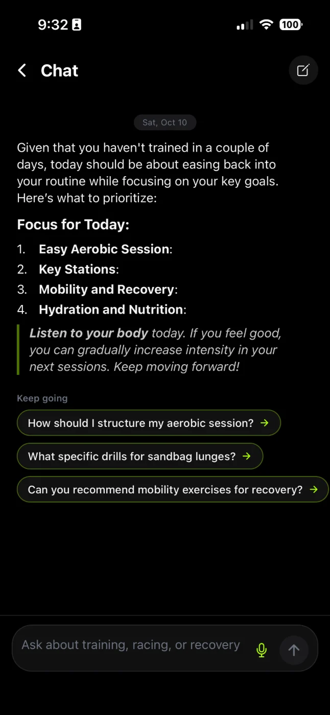 FORMD AI Coach chat answering what to focus on today after two days off: an easy aerobic session, key stations, mobility and recovery, hydration, with follow-up questions to keep going