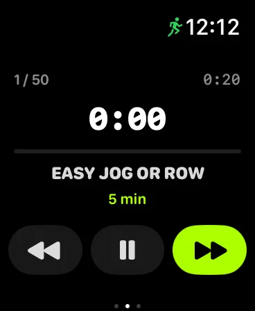 FORMD Apple Watch app mid-session: segment 1 of 50, Easy Jog or Row for 5 minutes, with back, pause and skip controls