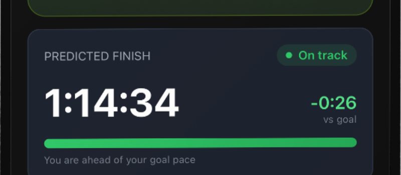 A predicted finish of 1:14:34, 26 seconds ahead of the goal and marked on track