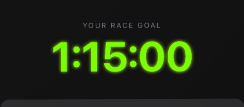 A race goal of 1:15:00 set in the app