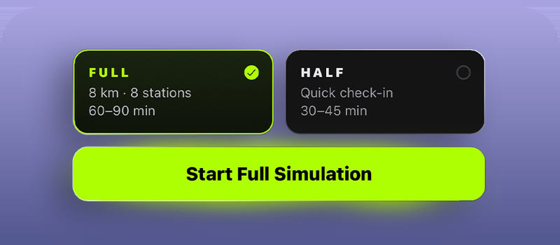 A full simulation selected at 8 km and 8 stations over 60 to 90 minutes, beside an unselected half at 30 to 45 minutes, above a Start Full Simulation button